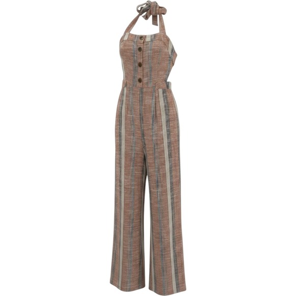 Karlie Pants - Karlie Small Striped Halter Jumpsuit Terracotta Linen Blend Wide Leg Summer TIme